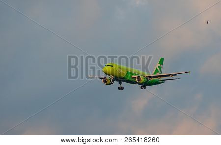 8 July 2018 Russia, Moscow. The Aircraft Airbus A320 S7 Airlines Is Landing At The Domodedovo Airpor