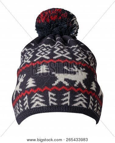 Knitted Hat Isolated On White Background.hat With Pompon .