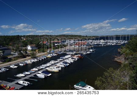 Marina of the Norwegian fishing town Hvaler . June 19,2018. Hvaler,Norway