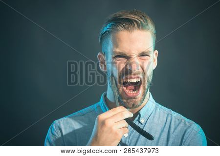 Hairstylist Bearded Macho Shaving With Razor Blade. Screaming Macho In Shirt With Straight Razor Nea