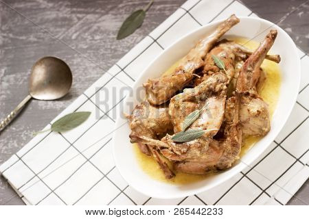 Rabbit Stew In A Sauce Of Wine And Cream With The Addition Of Mustard, Garlic, Thyme And Sage.