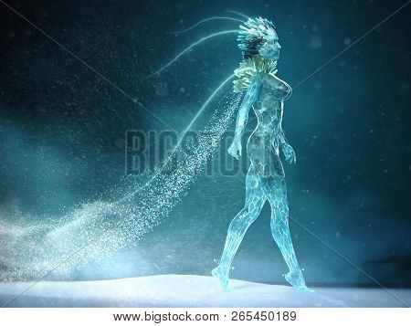 3d Illustration Of Beautyful Ice Woman With Glowing Crystal Crown And Small Crystals On The Body Wal