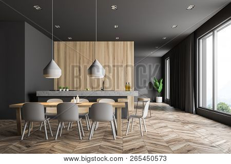 Gray And Wooden Dining Room Interior