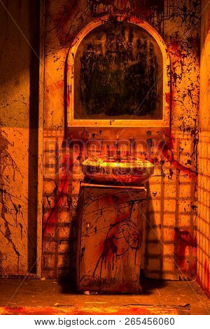 Bloody Bathroom Scene White Tile With Handprints And Gory Splashes