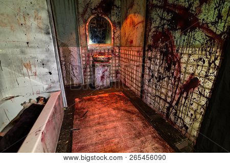 Bloody Bathroom Scene White Tile With Handprints And Gory Splashes