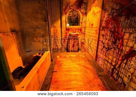 Bloody Bathroom Scene White Tile With Handprints And Gory Splashes