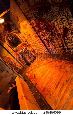 Tilted Bloody Bathroom Scene White Tile With Handprints And Gory Splashes