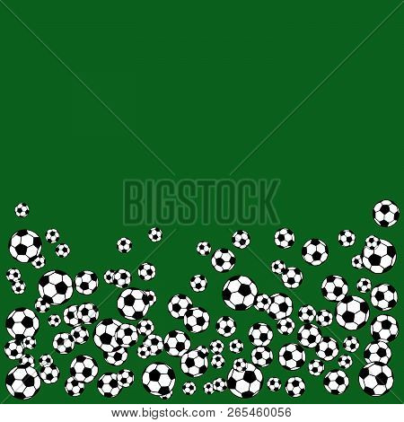 Soccer, Football Scattered Balls Blank Frame. Background Vector Illustration Over Dark Green Grass F