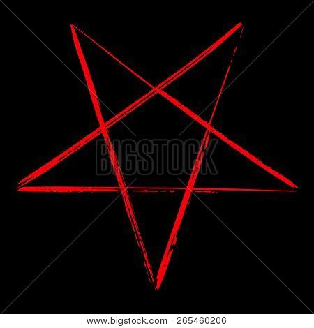 Reversed Pentagram Icon, Brush Drawing Magic Occult Star Symbol. Vector Illustration In Red Isolated