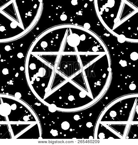 Pentagram Seamless Pattern, Brush Drawing Magic Occult Star Symbol And Paint Splatter. Vector Backgr