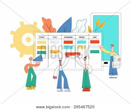 Vector Illustration Of Scrum Planning Technique Of Teamwork Concept.