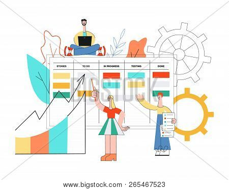 Vector Illustration Of Scrum Planning Technique Of Teamwork On Software Development.