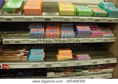 Beverwijk, The Netherlands, October 26th 2018: Tony Chocolonely Chocolate, A Dutch Fairtrade Brand I