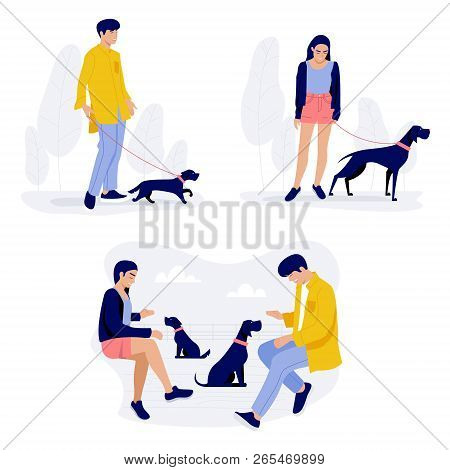 People Walking With Dogs, Men And Women With Their Pets Stock Illustration