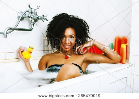Young Pretty African American Girl Taking Bath With Foam, Lifest