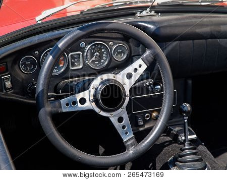 Interior And Dashboard Detail Of A Restored Retro Soft-top Famous Classical Sports Car
