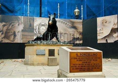 Sydney, Australia - April 4, 2018: Il Porcellino Statue Of A Bronze Fountain Of A Boar