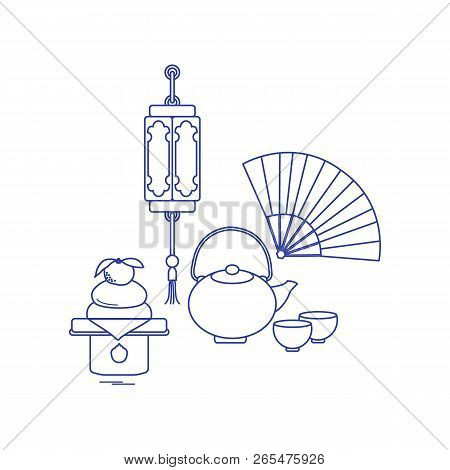 Eastern New Year Symbols. Chinese Lantern, Kettle With Two Cups, Fan, Kagami Mochi. Festive Traditio
