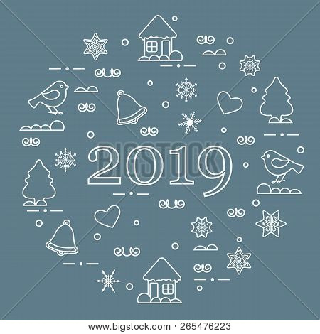 Happy New Year 2019 Card. Christmas Trees, Birds, Houses, Gingerbread, Bells, Stars, Hearts, Snowfla