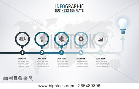 Timeline Infographics Template Design For Presentation With 5 Steps Start To End Point With Bulb, Wo