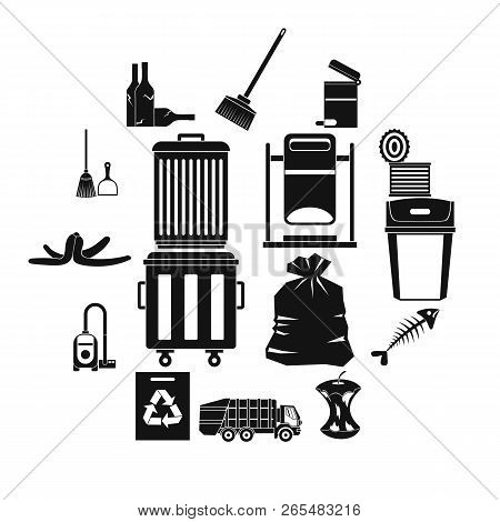 Garbage Thing Icons Set. Simple Illustration Of 16 Garbage Thing Icons For Web