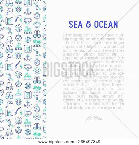 Sea And Ocean Journey Concept With Thin Line Icons: Sailboat, Fishing, Ship, Oysters, Anchor, Octopu