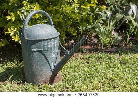 A Close Up Side View Of A Old Rusted Green Metal Water Can In The Outdoor Garden