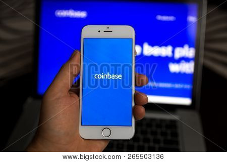 Tula, Russia - August 28, 2018: Coinbase - Buy Bitcoin And More, Secure Wallet Mobile App On The Dis