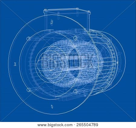 Electric Motor Sketch. Vector Rendering Of 3d. Wire-frame Style. The Layers Of Visible And Invisible