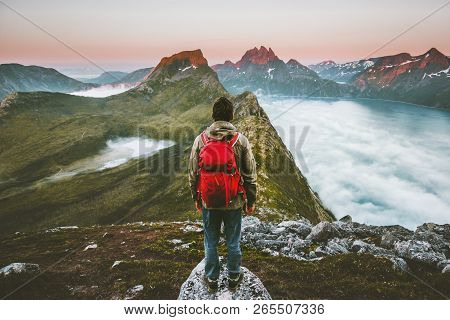Hiker Man Exploring Sunset Mountains With Backpack Traveling Heathy Lifestyle Adventure Concept Hiki