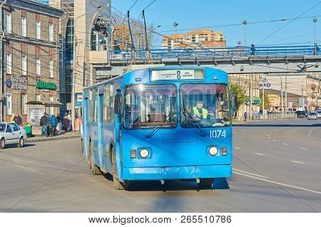 Krasnoyarsk, Russia - October 26, 2018: Old Trolleybuses Have Been Repaired, Painted And Sent To Rou