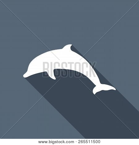 Silhouette Of Dolphin. White Flat Icon With Long Shadow On Background