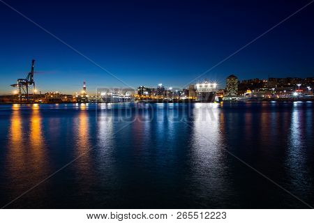 Genoa, (genova), Italy, November 27, 2017 - Night View Of The Ancient Harbor, City Of Genoa, Italy/ 