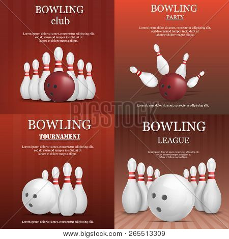 Bowling Kegling Banner Concept Set. Realistic Illustration Of 4 Bowling Kegling Banner Horizontal Co