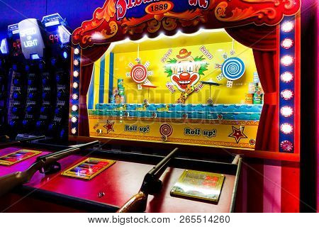 Brighton, England-2 October,2018: Classic Vintage Sideshow Shooting Gallery Theme Park Arcade Game C