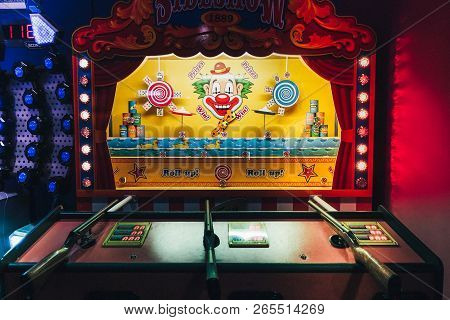 Brighton, England-2 October,2018: Classic Vintage Sideshow Shooting Gallery Theme Park Arcade Game C
