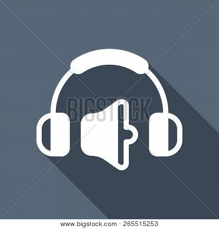 Headphones And Volume Level. Medium Volume Level. Simple Icon. White Flat Icon With Long Shadow On B