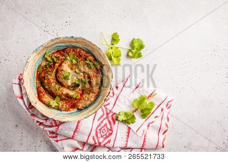 Babaganoush In A Plate On White Background. Plant Based Diet, Vegan Food Concept, Top View, Copy Spa