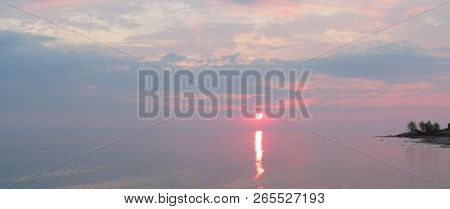 Bay At Sunset. Colorful Sunrise Landscape In Sea. Delicate Colors Of Early Morning In Blue And Pink 
