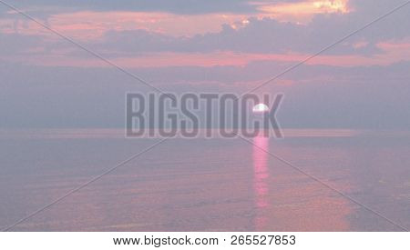 Bay At Sunset. Colorful Sunrise Landscape In Sea. Delicate Colors Of Early Morning In Blue And Pink 