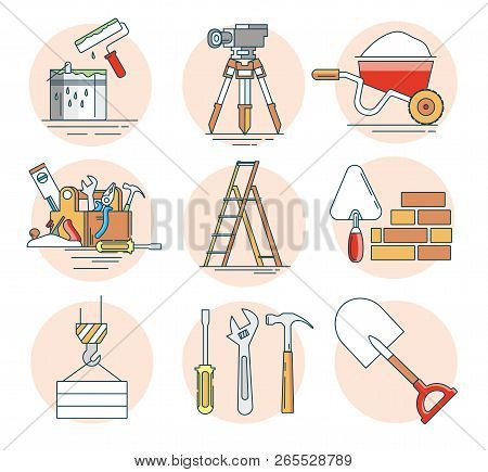 Modern Linear Pictogram Of Building Tools. Set Of Concept Line Icons Building Tools. Construction, H