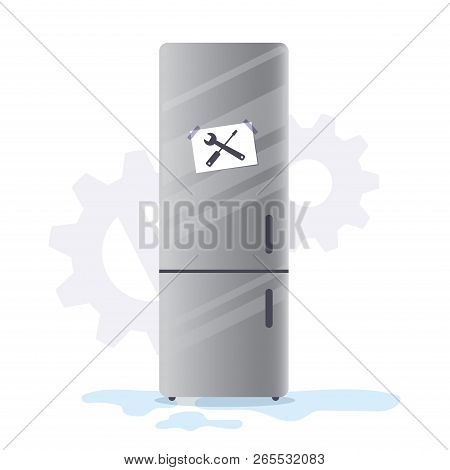 Broken Fridge Home Kitchen Appliances Household Freezer With Repair Sign Notes. Vector Illustration 