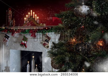 View Of Nice White Christmas Decorated Fireplace  And Christmas Tree
