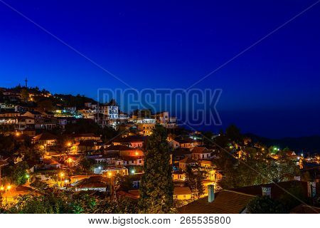 Pedoulas Cypriot Village Streets And Houses, Night Panorama, Troodos, Nicosia District, Cyprus