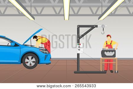 Automotive Technician At Work Man Wearing Special Suit Standing By Box With Tools, Male Repairing Au