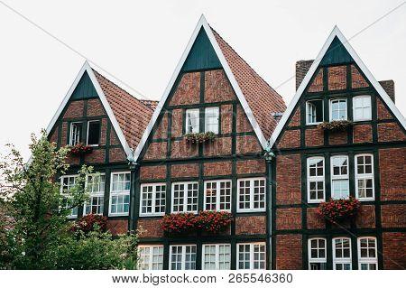 Achitecture Or Old Houses On The Street Of The City Elders Principalmark In Muenster In Germany. The