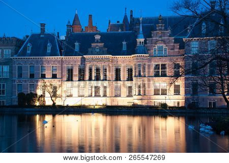 Binnenhof Dutch Parliament Next To Hofvijver Lake At Dusk During The Blue Hour. Binnenhof Palace In 
