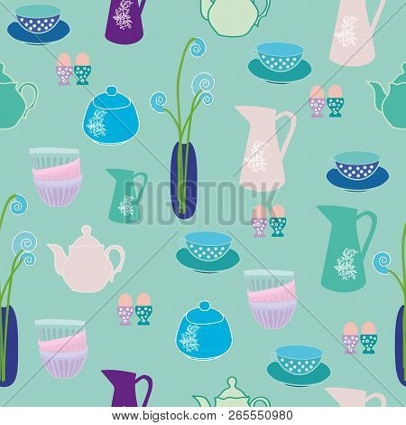 Vector Teacups  And Teapots Seamless Repeat Pattern Background