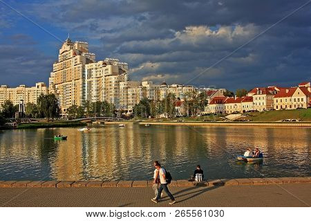 Minsk, Belarus - 13 August 2018: High Rise Apartment House On Svislach River Embankment Near Trinity