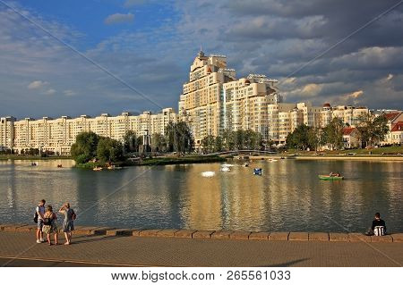 Minsk, Belarus - 13 August 2018: High Rise Apartment House On Svislach River Embankment Near Trinity